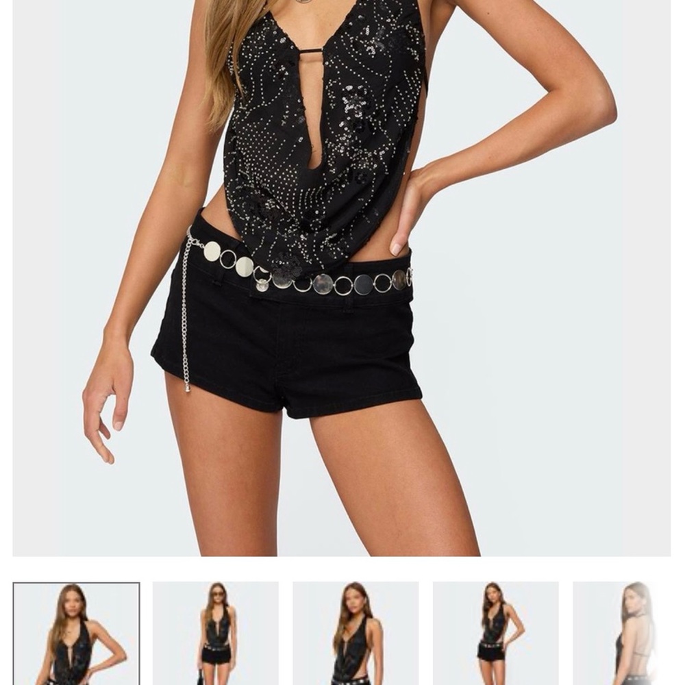 Edikted Beaded Chiffon Backless Cowl Neck Top in black